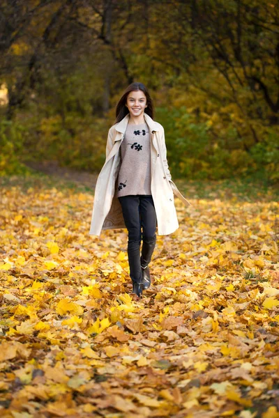 Happy Little Girl Walking Autumn Park — Stock Photo, Image