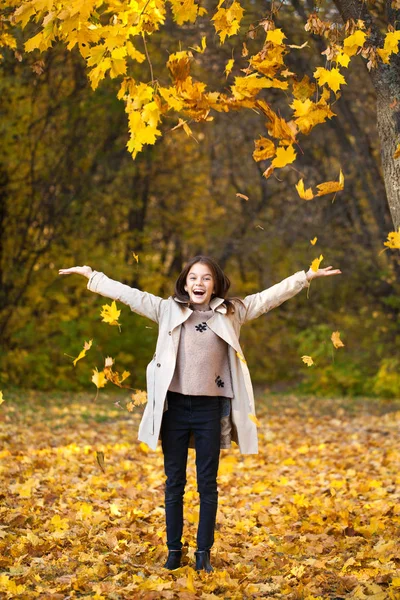 Happy Young Little Girl Beige Coat Autumn Park — Stock Photo, Image