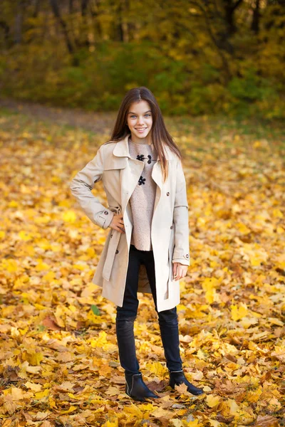 Happy Young Little Girl Beige Coat Autumn Park — Stock Photo, Image