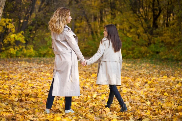 Joven Madre Hija Están Caminando Parque Otoño — Foto de Stock