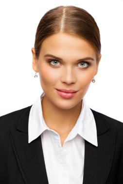 İş portre. İş takım elbiseli genç sarışın bir kadın portresi kapatın