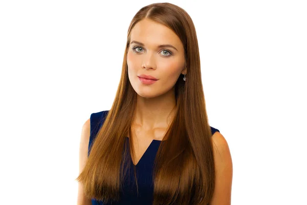 Portret Van Mooie Jonge Blonde Vrouw Trendy Jurk Blauw Elegantie — Stockfoto