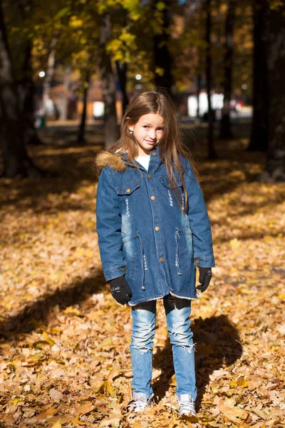 十代の若者たちのファッション 秋の公園の背景にジーンズのジャケットで若いブルネットの少女の肖像画 — ストック写真