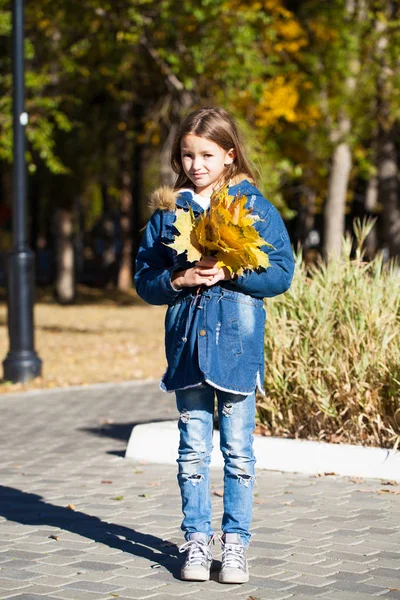 青少年时尚 在秋季公园背景的牛仔裤夹克年轻的黑发女孩的肖像 — 图库照片