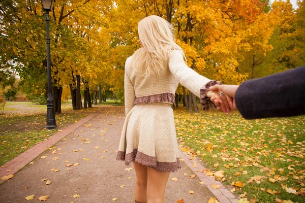 Follow Beautiful Young Blonde Holding Hand Unidentified Man Walking Him — Stock Photo, Image