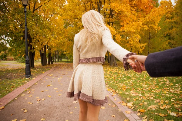 Follow Beautiful Young Blonde Holding Hand Unidentified Man Walking Him — Stock Photo, Image