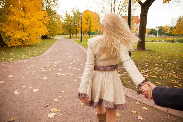 Follow Beautiful Young Blonde Holding Hand Unidentified Man Walking Him — Stock Photo, Image