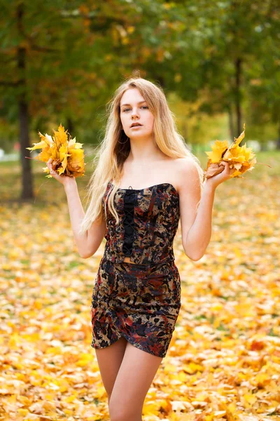 Close Portret Van Mooie Jonge Blonde Vrouw Sexy Jurk Herfst — Stockfoto