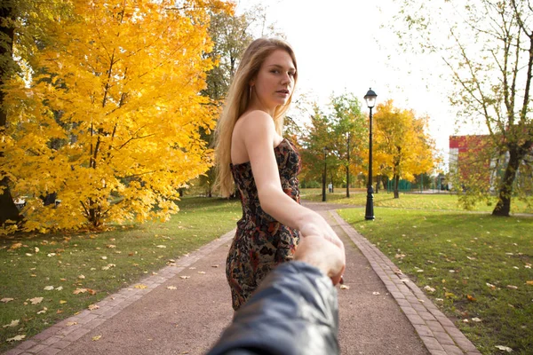 Follow Beautiful Young Blonde Holding Hand Unidentified Man Walking Him — Stock Photo, Image