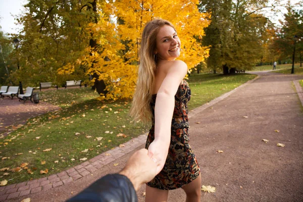 Follow Beautiful Young Blonde Holding Hand Unidentified Man Walking Him — Stock Photo, Image