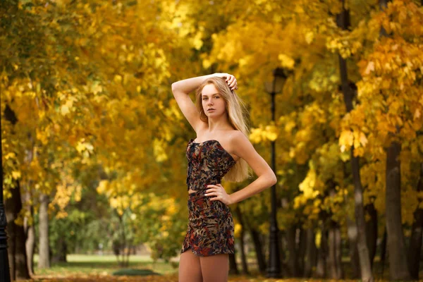 Close Portrait Beautiful Young Blonde Woman Sexy Dress Autumn Park — Stock Photo, Image