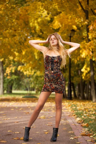Corpo Inteiro Jovem Bela Mulher Loira Vestido Sexy Parque Outono — Fotografia de Stock