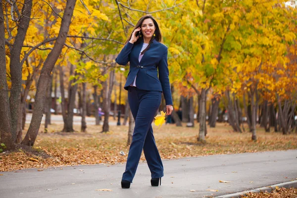 Woman Calling Phone Happy Successful Arab Businesswoman Blue Suit Walking — Stock Photo, Image