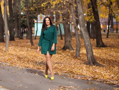 Sonbahar parkta yürüyen bir genç güzel esmer kadın kısa yeşil ceket portresi