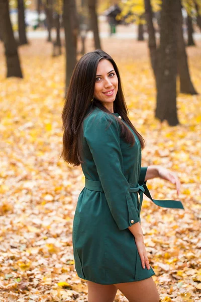 Happy Arabic Woman Green Coat Autumn Park Background — Stock Photo, Image