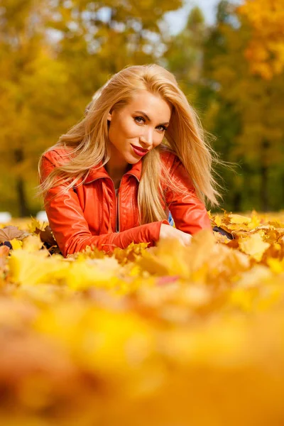 Mujer Hermosa Pelo Rubio Acuesta Las Hojas Parque Hermoso Día — Foto de Stock