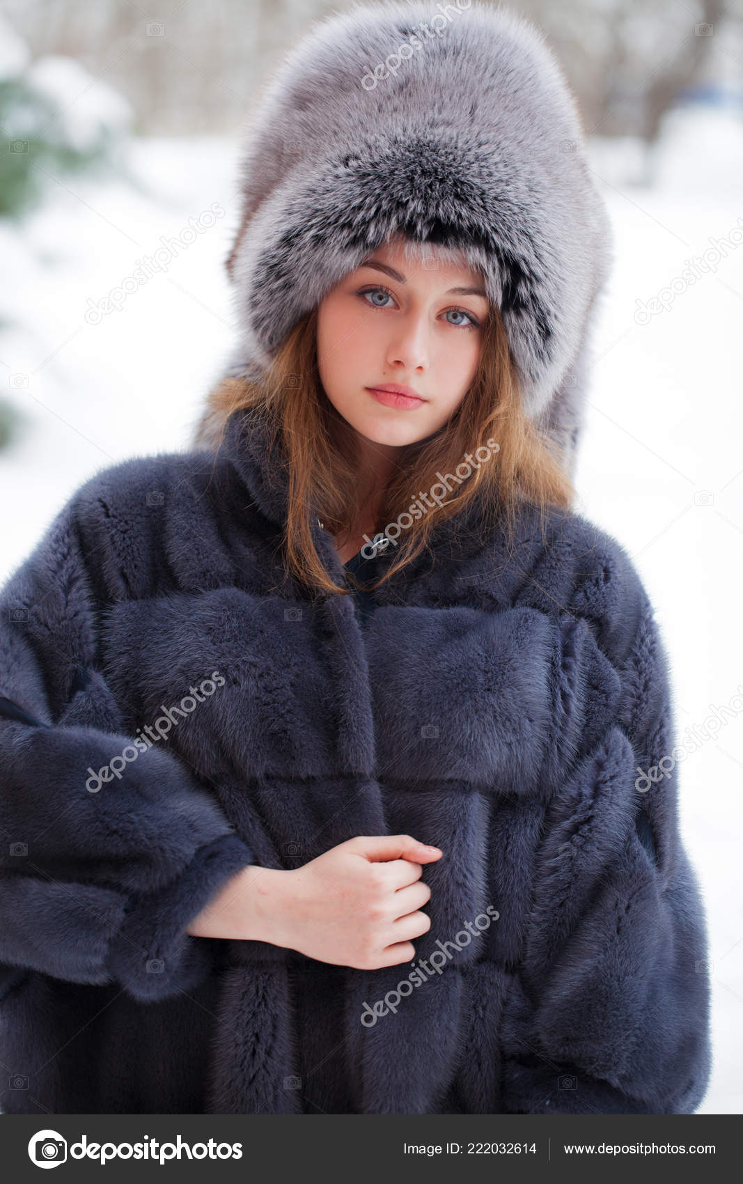 Beautiful Young Girl Blue Fur Hat Fur Coat Portrait Fashion Stock