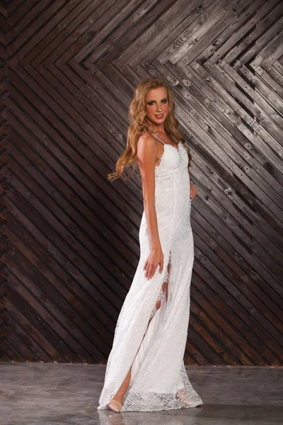 Full Length Beautiful Blonde Sexy Woman Long White Dress Posing — Stock Photo, Image