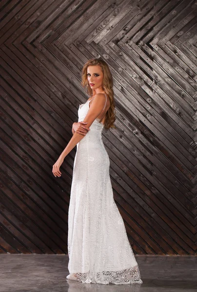 Full Length Beautiful Blonde Sexy Woman Long White Dress Posing — Stock Photo, Image