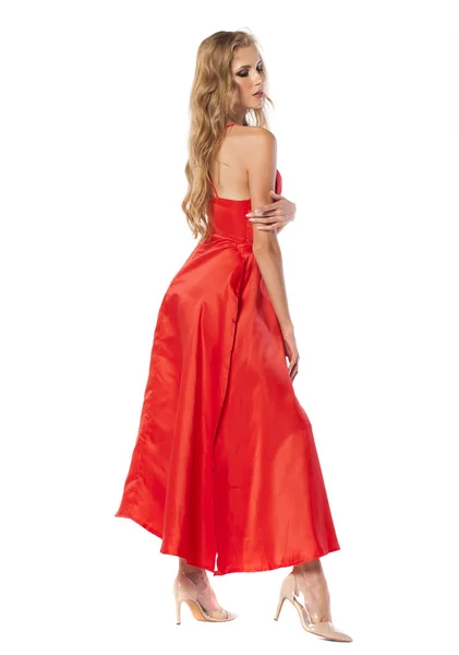 Junge Schöne Glückliche Blonde Frau Rotem Kleid Isoliert Auf Weißem — Stockfoto