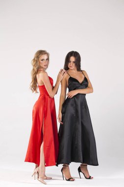 İki seksi sarışın ve esmer modelleri. Stüdyo duvar arka plan üzerinde poz uzun elbise, güzel bir kadınların tam uzunlukta 