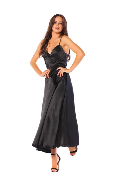 Cuerpo Completo Joven Mujer Morena Hermosa Vestido Largo Negro Aislado —  Fotos de Stock