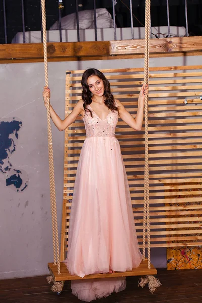 High Fashion Shot Young Brunette Woman Pink Long Dress — Stock Photo, Image