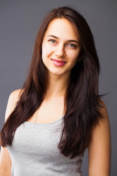 Happy Beautiful Brunette Woman Dress Studio Isolated Background — Stock Photo, Image