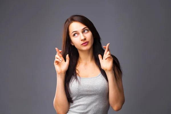 Körpersprache Und Emotionen Freudig Dunkelhaarige Schöne Zufriedene Mädchen Fleht Gott — Stockfoto