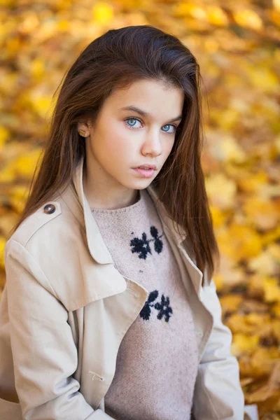 Porträt Einer Schönen Jungen Brünetten Mädchen Herbst Park Freien — Stockfoto