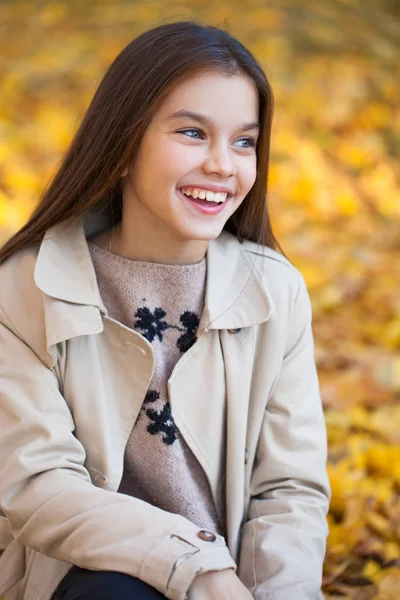 Porträt Einer Schönen Jungen Brünetten Mädchen Herbst Park Freien — Stockfoto