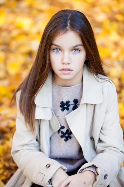 Portrait Beautiful Young Brunette Little Girl Autumn Park Outdoors — Stock Photo, Image