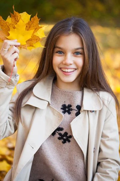 Porträt Einer Schönen Jungen Brünetten Mädchen Herbst Park Freien — Stockfoto