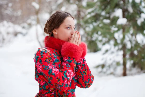 Young Beautiful Brunette Woman Fur Coat Posing Winter Park Model — Stock Photo, Image