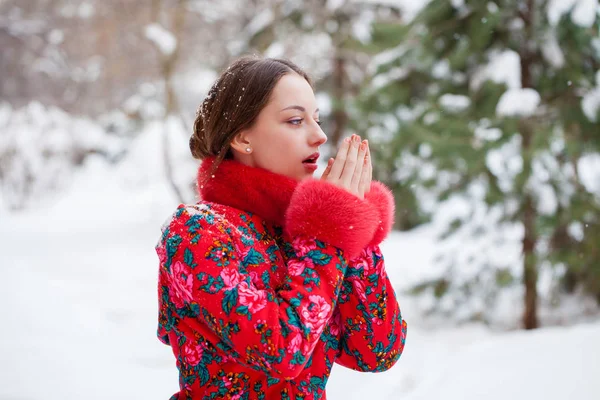 Young Beautiful Brunette Woman Fur Coat Posing Winter Park Model — Stock Photo, Image