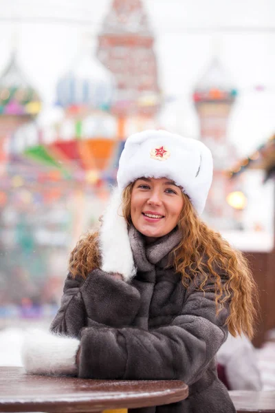 Russian Beauty Portrait Young Beautiful Girl White Hat Fur Hat — Stock Photo, Image