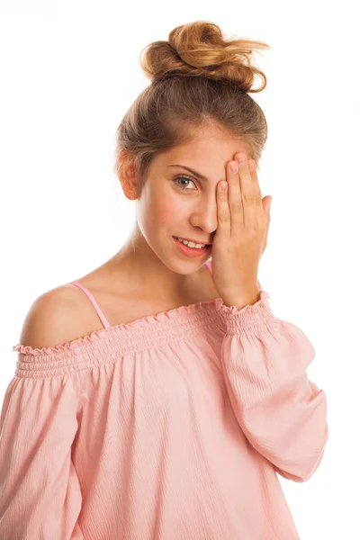 Fecha Menina Bonita Feliz Isolado Sobre Fundo Branco — Fotografia de Stock