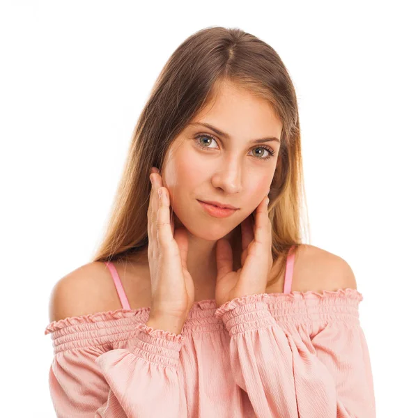 Vicino Bella Bambina Felice Isolato Sfondo Bianco — Foto Stock