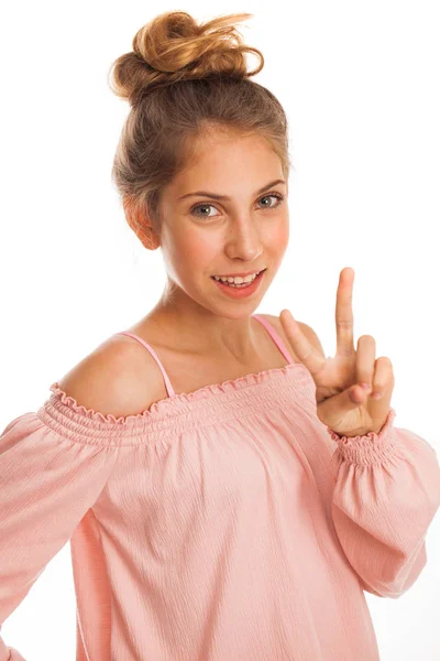 Brunette Little Girl Showing Victory Peace Sign Isolated White Background — Stock Photo, Image