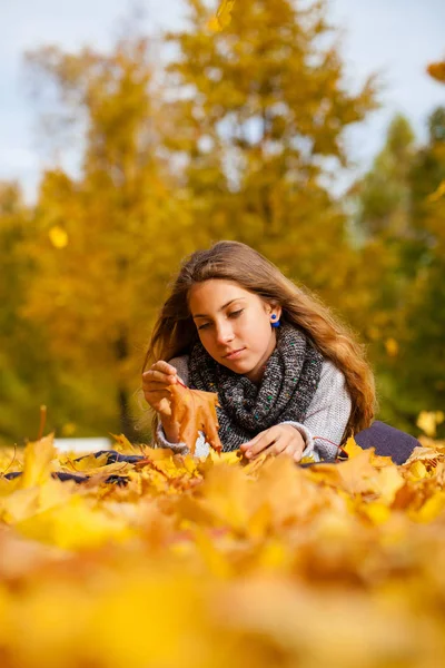 Schönes Kleines Mädchen Legt Sich Einem Schönen Herbsttag Auf Blätter — Stockfoto