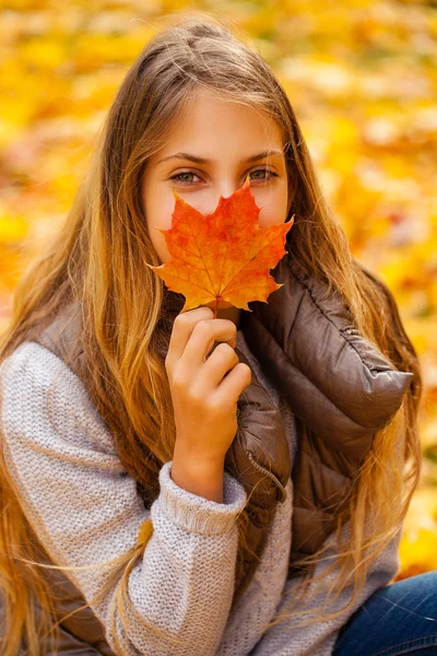 Schönes Kleines Mädchen Legt Sich Einem Schönen Herbsttag Auf Blätter — Stockfoto