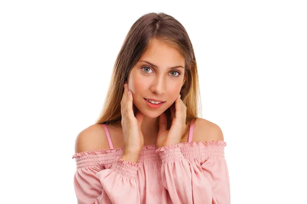 Fecha Menina Bonita Feliz Isolado Sobre Fundo Branco — Fotografia de Stock