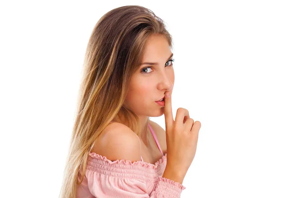 Menina Loira Requer Silêncio Jovem Bela Adolescente Colocou Dedo Indicador — Fotografia de Stock