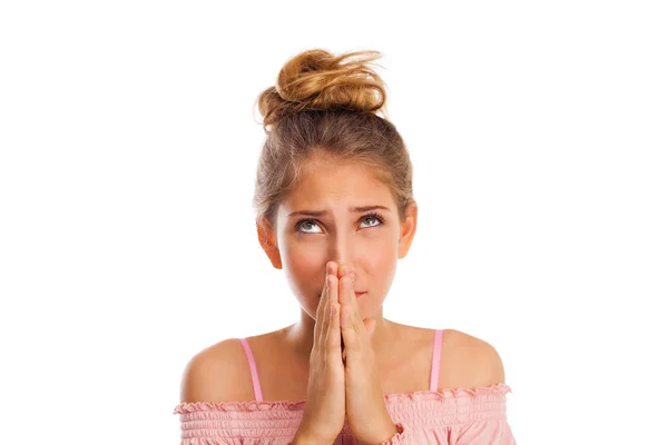 Fecha Menina Bonita Feliz Isolado Sobre Fundo Branco — Fotografia de Stock