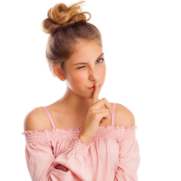 Blondes Kleines Mädchen Braucht Ruhe Junge Schöne Teenager Hat Zeigefinger — Stockfoto