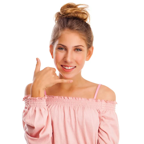 Call Pretty Young Blonde Girl Isolated White Wall Background — Stock Photo, Image