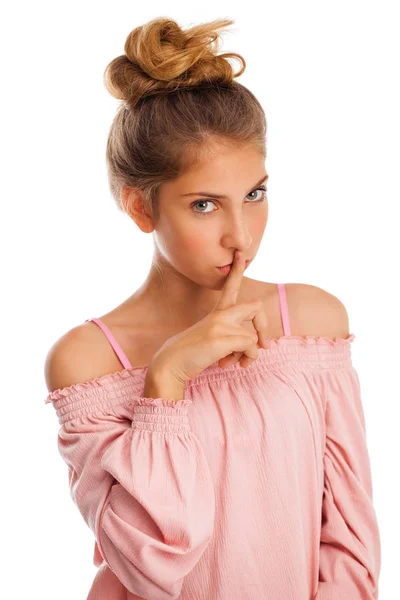 Blonde Little Girl Requires Silence Young Beautiful Teenager Has Put — Stock Photo, Image