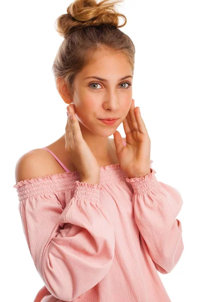 Cerca Feliz Hermosa Niña Aislado Sobre Fondo Blanco — Foto de Stock