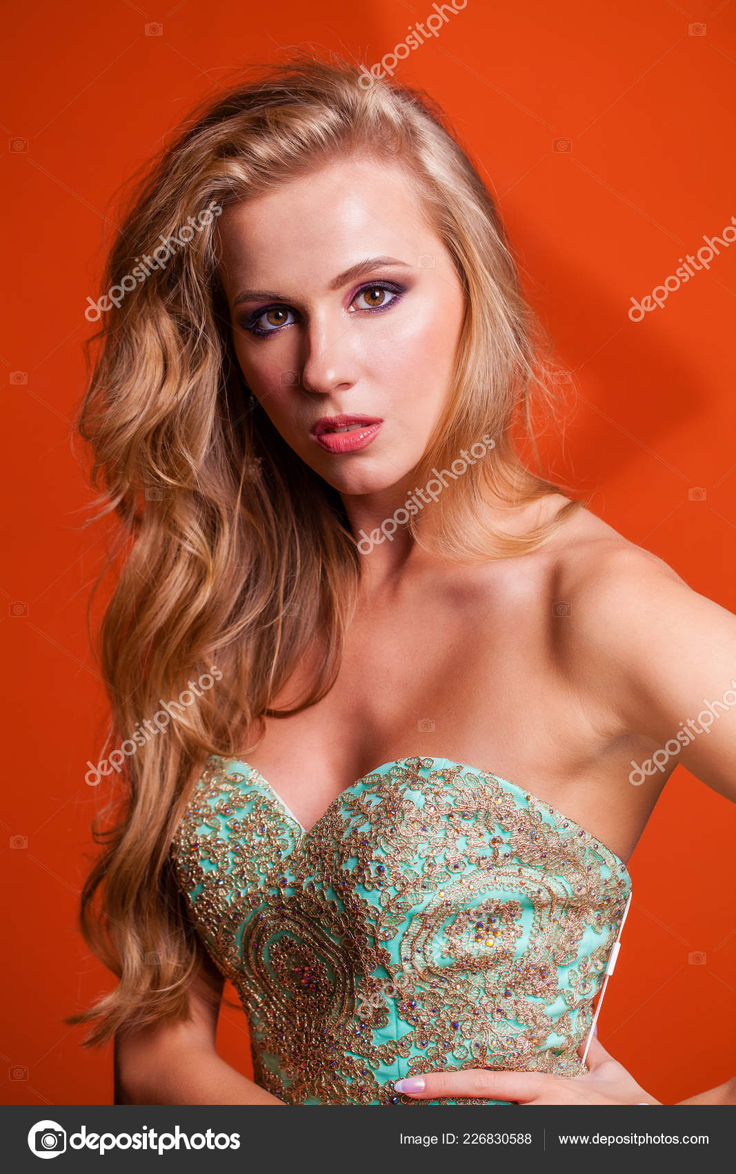 Happy Beautiful Young Model Blonde Hair Perfect Makeup Red Orange