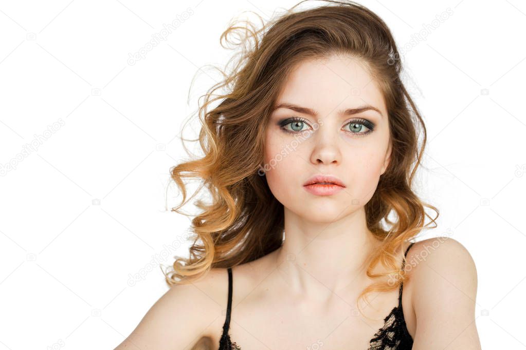 Beauty portrait of young attractive woman, isolated on white background 